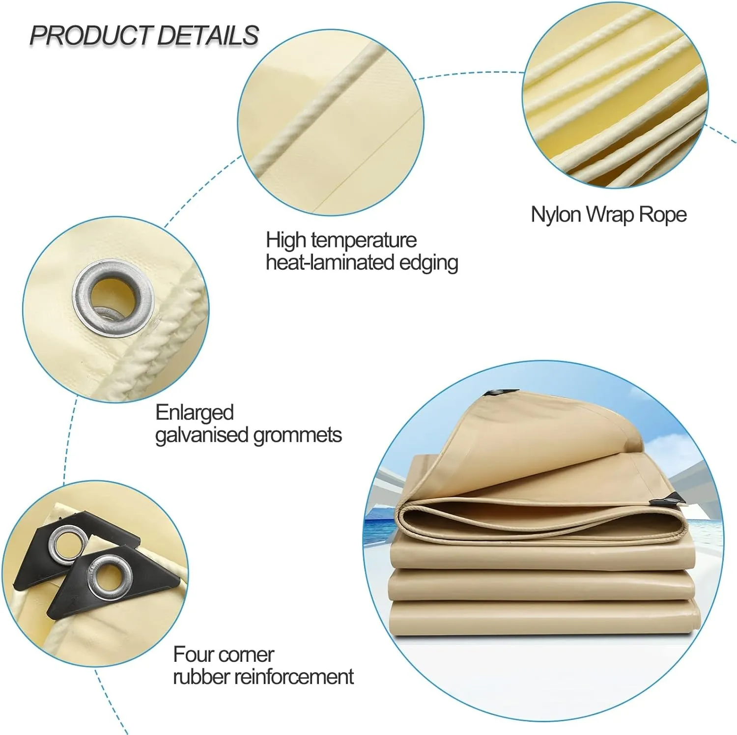 2mx2m/2mx3m/2mx4m/3mx3m Beige Heavy Duty Tarpaulin Sheet 500g/㎡ with Metal Grommets Canopy Tent for Rain Shelter, Camping, Outdoor and Pool Ground Sheet Tarps Cover(1.5x2m)