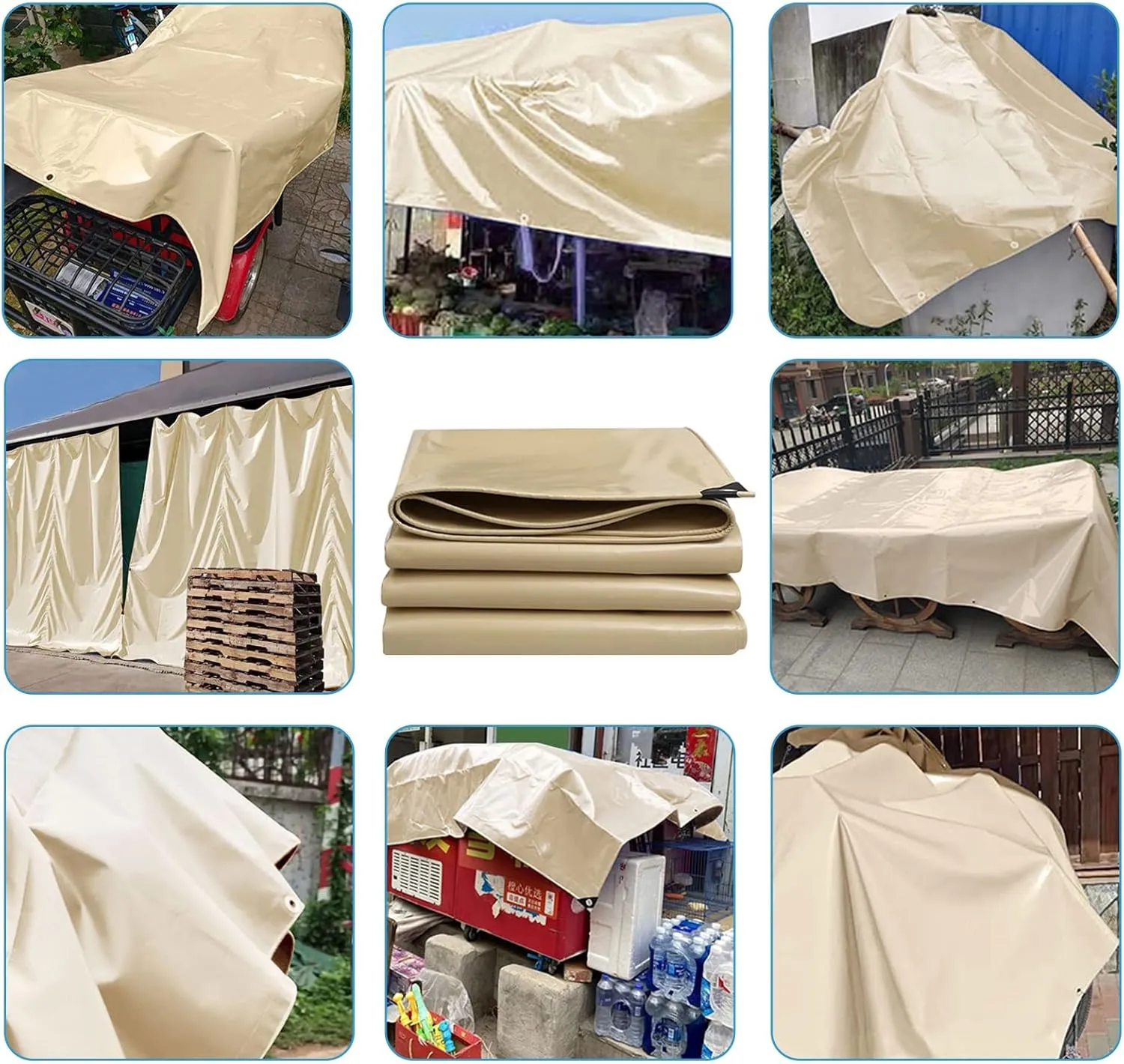 2mx2m/2mx3m/2mx4m/3mx3m Beige Heavy Duty Tarpaulin Sheet 500g/㎡ with Metal Grommets Canopy Tent for Rain Shelter, Camping, Outdoor and Pool Ground Sheet Tarps Cover(1.5x2m)