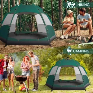 3-4 Person Hexagon Instant Pop-Up Camping Tent – Waterproof Double-Layer Shelter with Blue Hammock (Forest Green)
