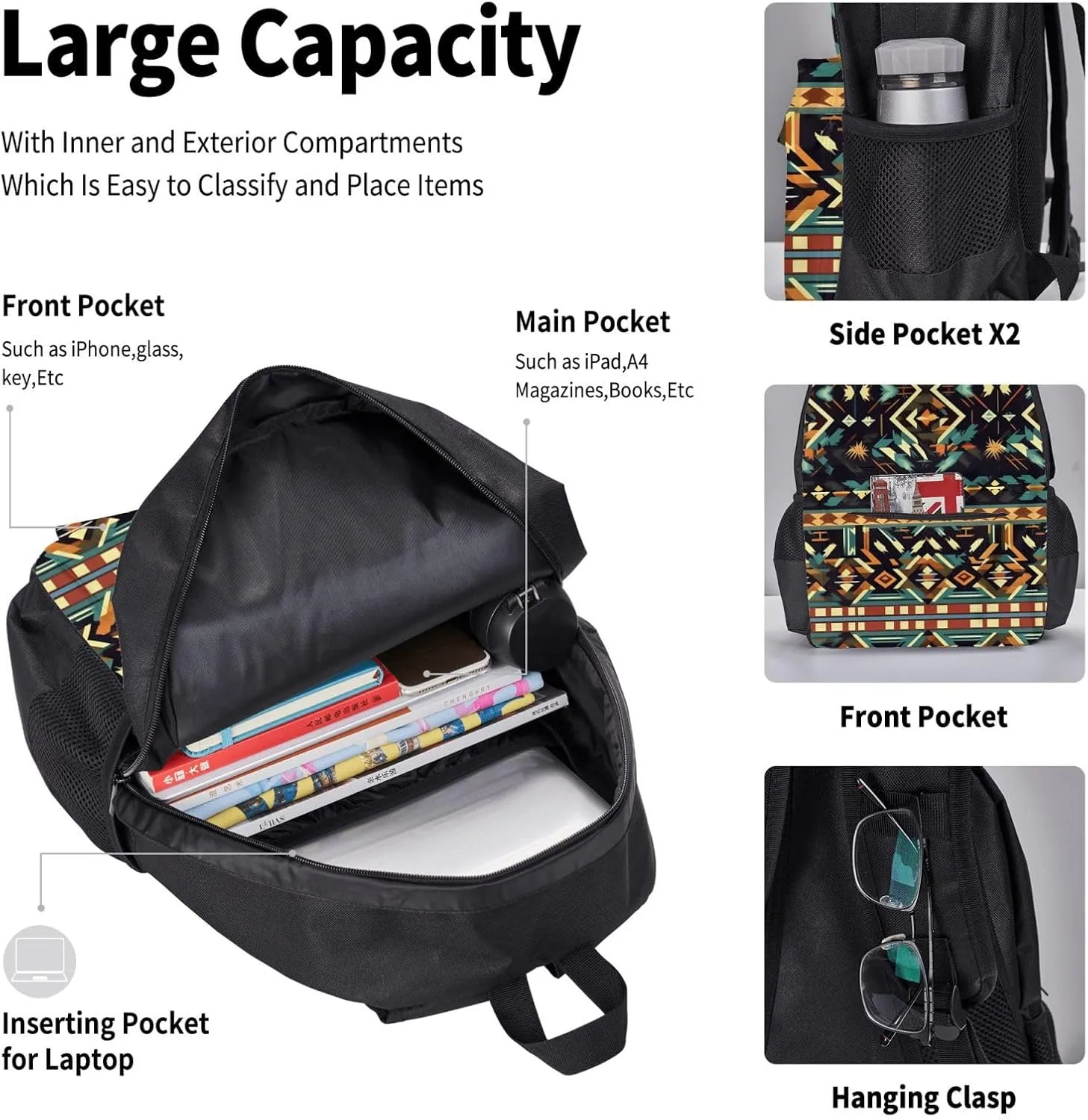 3-In-1 Backpack Bookbag Set,Native American Patterns Print Casual Travel Backpacks,With Pencil Case Pouch, Lunch Bag