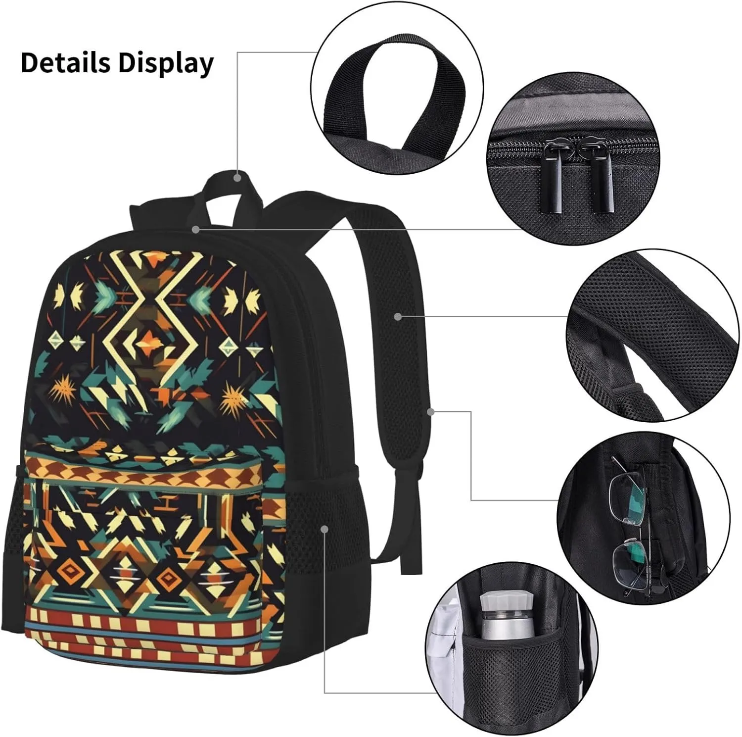3-In-1 Backpack Bookbag Set,Native American Patterns Print Casual Travel Backpacks,With Pencil Case Pouch, Lunch Bag