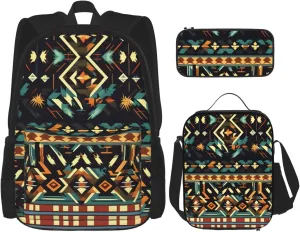 3-In-1 Backpack Bookbag Set,Native American Patterns Print Casual Travel Backpacks,With Pencil Case Pouch, Lunch Bag