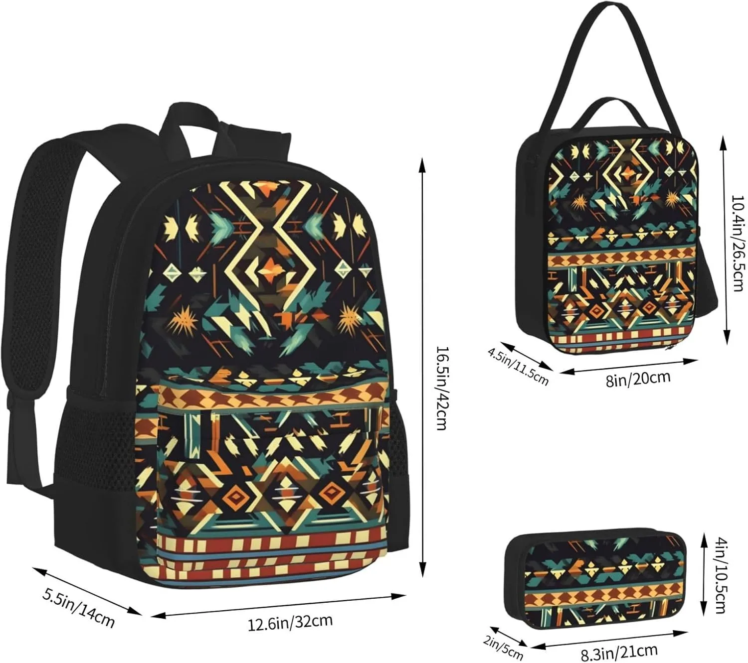 3-In-1 Backpack Bookbag Set,Native American Patterns Print Casual Travel Backpacks,With Pencil Case Pouch, Lunch Bag