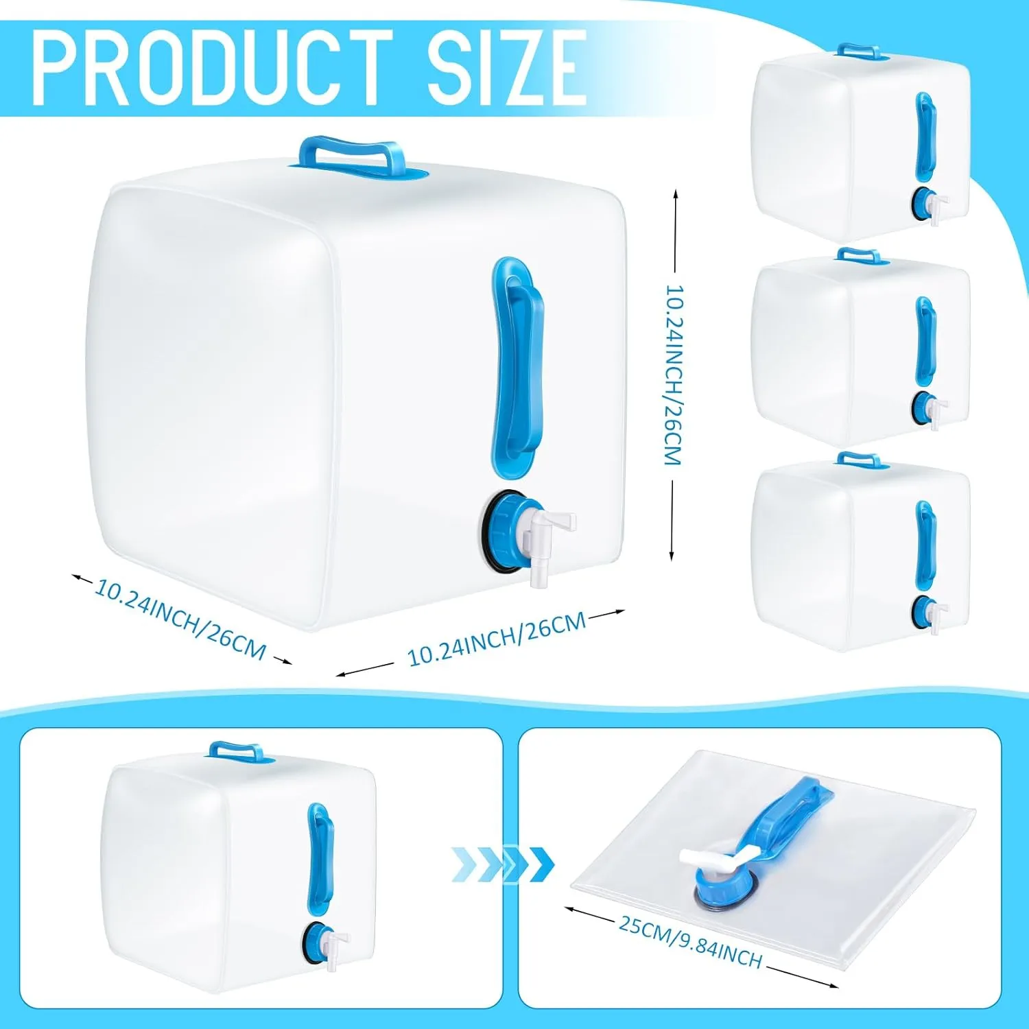 3 Pack Collapsible Water Container with Spigot, Foldable Camping Water Container Portable Camping Storage Carrier Jug for Outdoors Hiking Emergency Kit Backpack(Blue,5.3 Gallon)
