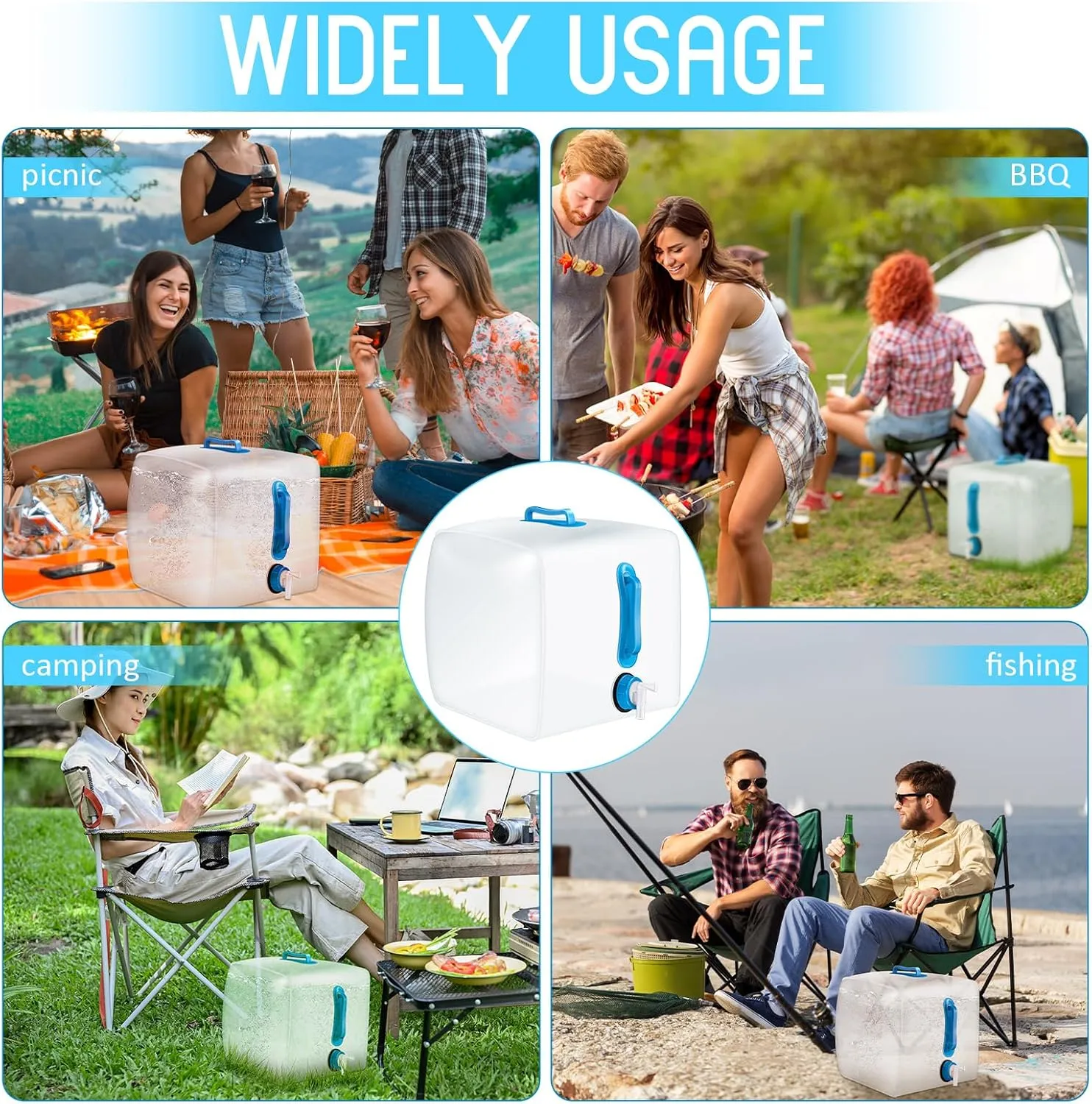 3 Pack Collapsible Water Container with Spigot, Foldable Camping Water Container Portable Camping Storage Carrier Jug for Outdoors Hiking Emergency Kit Backpack(Blue,5.3 Gallon)