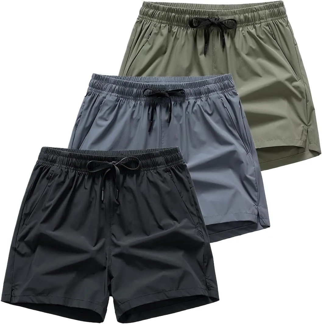 3 Set Men's Workout Athletic Shorts Lightweight Moisture Wicking 3" Running Shorts with Zipper Pockets Gym Beach
