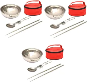 3 Sets Picnic Bowl Spoons Chopstick Set Reusable Stainless Steel Cutlery Camping Dishes Storage Bag Perfect for