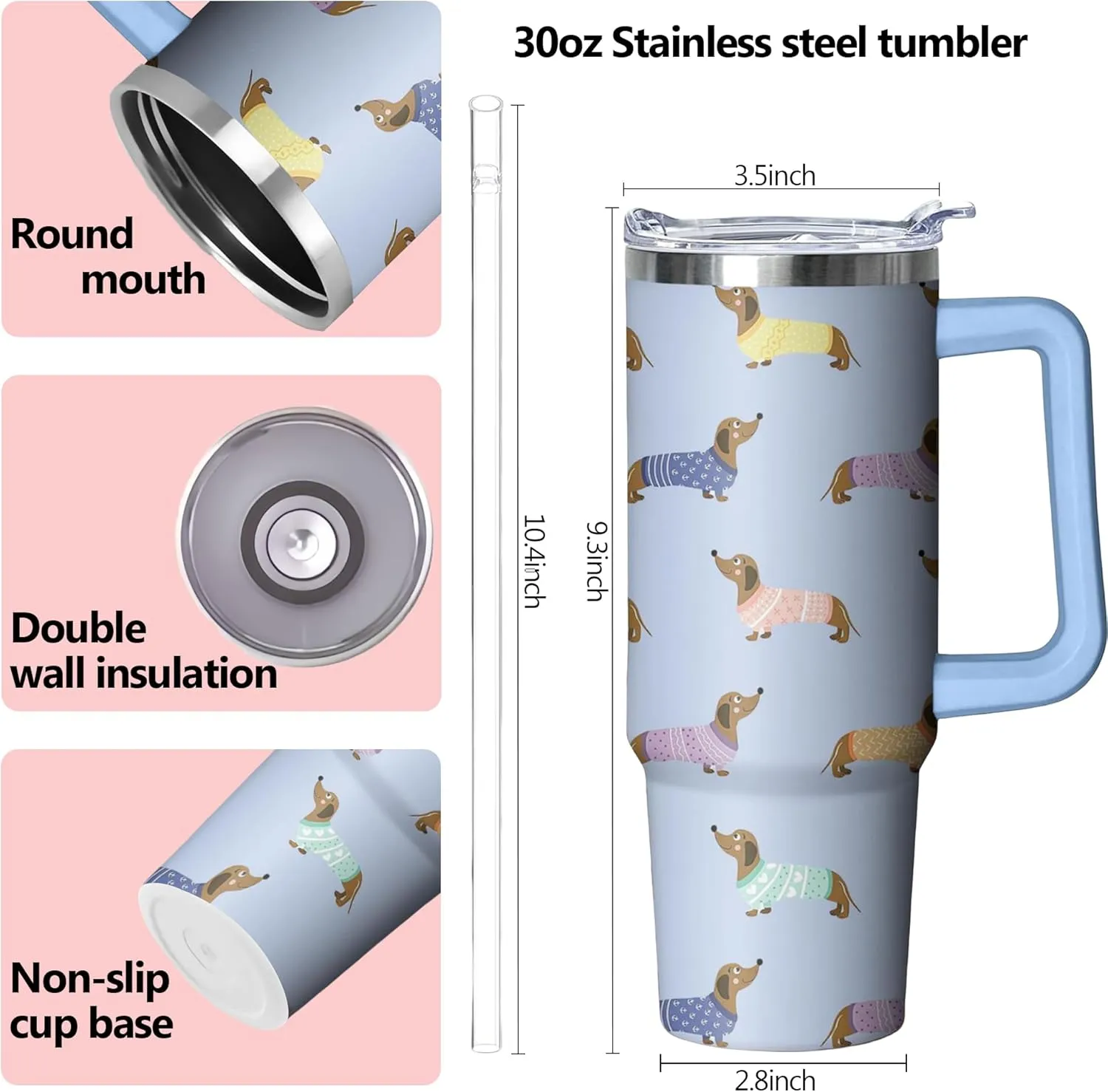 30 oz Dachshund Tumbler with Handle and Straw, Dog Insulated Stainless Steel Cup with Lid, Travel Coffee Mug Water Bottle, Gifts for Woman Animal Lovers