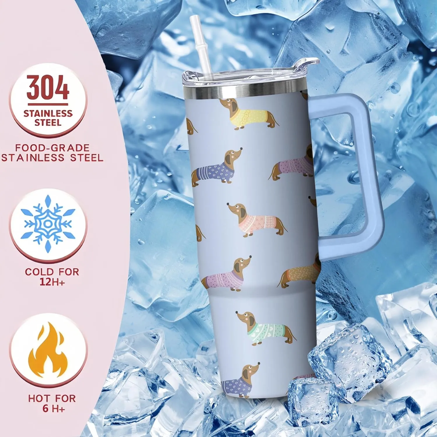 30 oz Dachshund Tumbler with Handle and Straw, Dog Insulated Stainless Steel Cup with Lid, Travel Coffee Mug Water Bottle, Gifts for Woman Animal Lovers