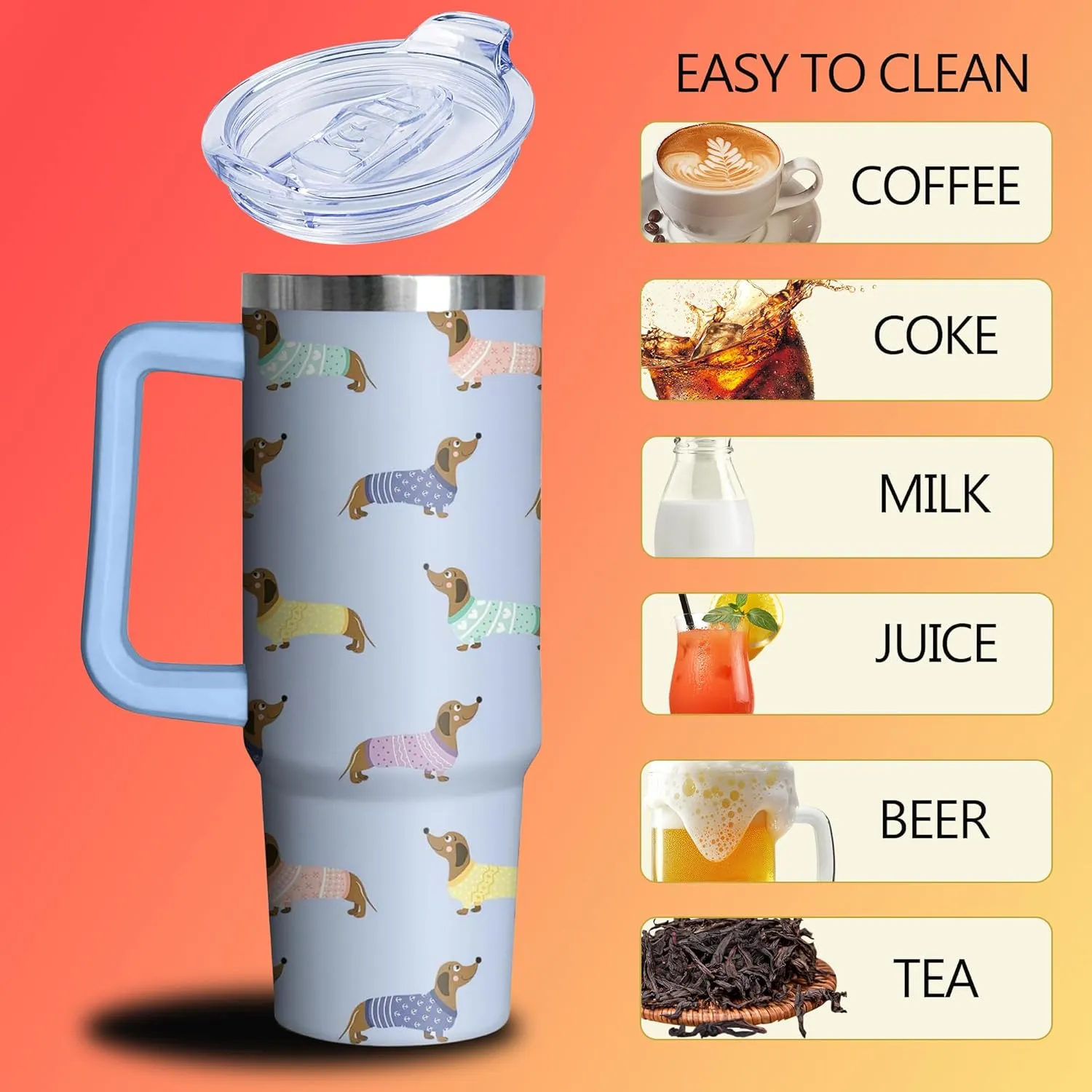 30 oz Dachshund Tumbler with Handle and Straw, Dog Insulated Stainless Steel Cup with Lid, Travel Coffee Mug Water Bottle, Gifts for Woman Animal Lovers