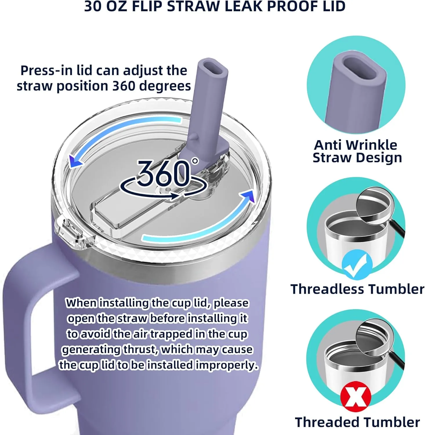 30 oz Straw Leak Proof Lid for YETI,Replacement Lid for Yeti Rambler 30/32 oz Tumbler,26/35/42 oz Straw Mug,and Hydro Flask 32/40oz Travel Tumbler,BPA Free(Cosmic Lilac*2)