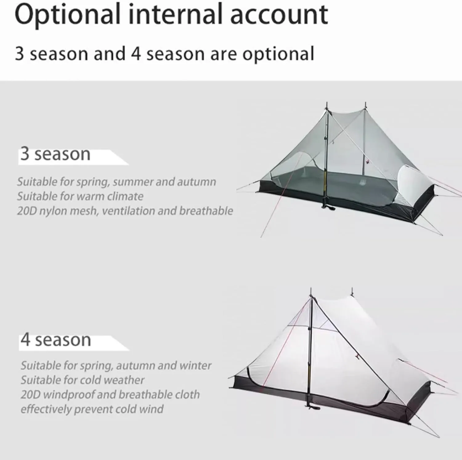 3FULGEAR Lanshan 2 Tent 2 Person Ultralight Camping Tent, 3/4 Season Professional 15D Silnylon Rodless Tent for Camping, Climbing, Hiking
