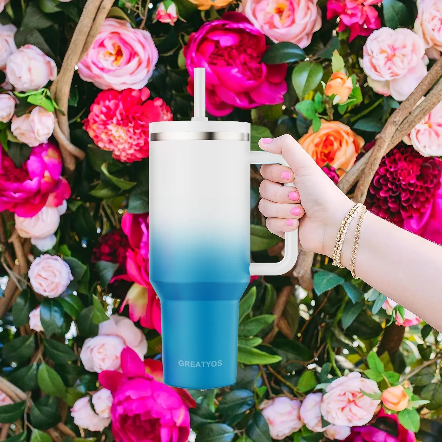 40 oz Tumbler with Handle and Flip Straw Lid - Upgraded Insulated Traveler Tumblers with Lids Straws Vacuum Leak Proof Stainless Steel 40oz Cup Mug Gifts for Men Women Him Her (Clouds Sky)