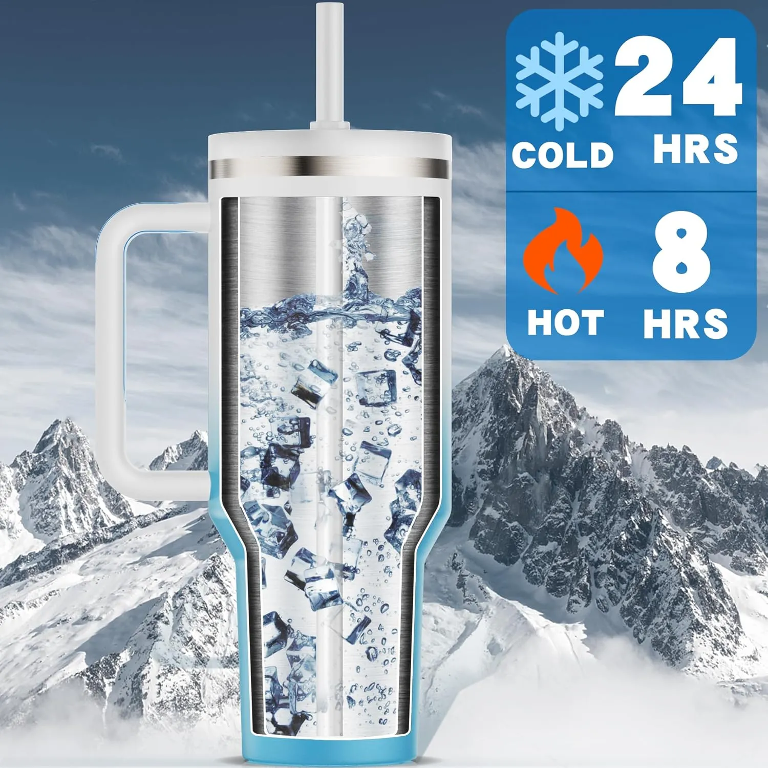 40 oz Tumbler with Handle and Flip Straw Lid - Upgraded Insulated Traveler Tumblers with Lids Straws Vacuum Leak Proof Stainless Steel 40oz Cup Mug Gifts for Men Women Him Her (Clouds Sky)