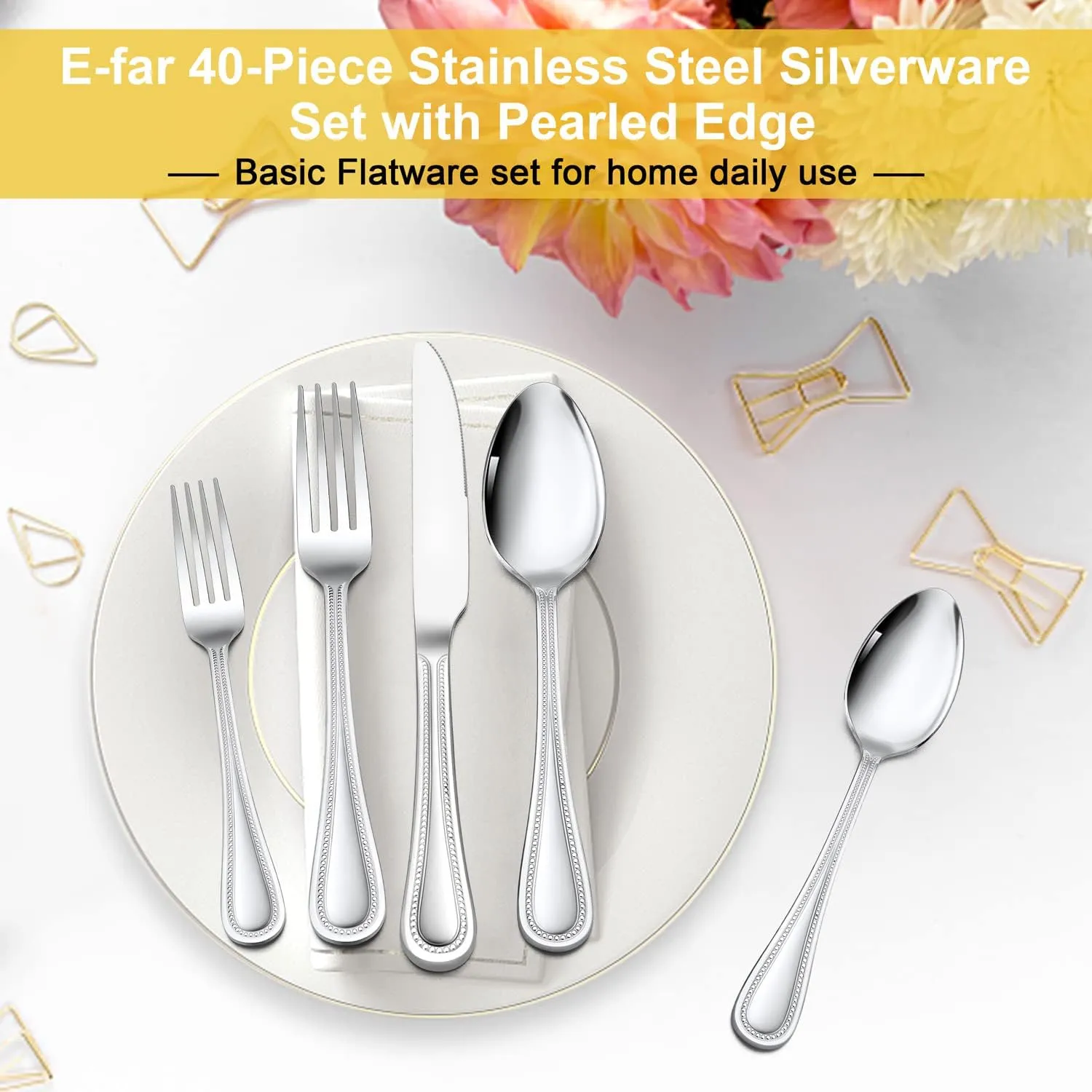 40-Piece Silverware Set for 8, E-far Stainless Steel Flatware Cutlery Set with Pearled Edge, Include Forks Spoons and Knives, Modern Tableware Eating Utensils for Kitchen Restaurant, Dishwasher Safe