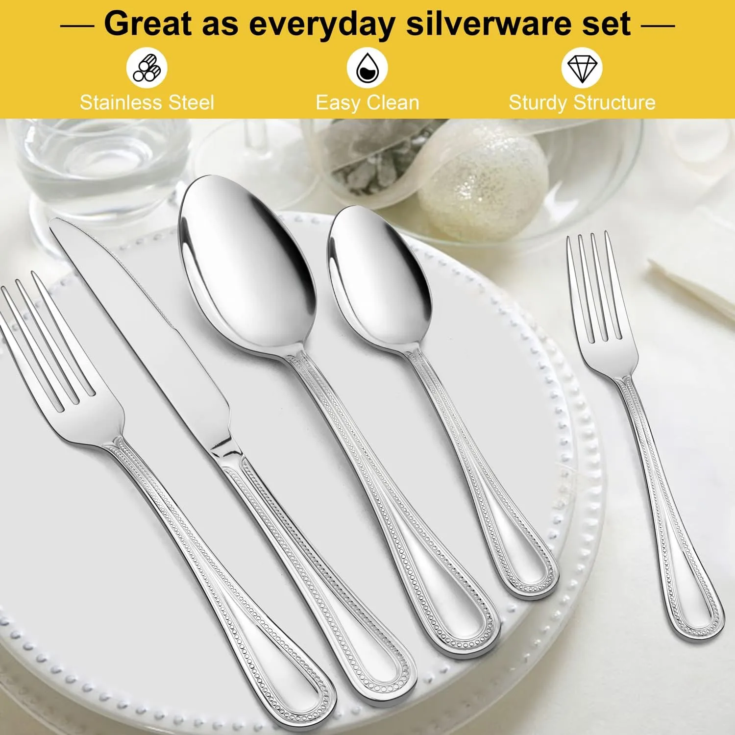 40-Piece Silverware Set for 8, E-far Stainless Steel Flatware Cutlery Set with Pearled Edge, Include Forks Spoons and Knives, Modern Tableware Eating Utensils for Kitchen Restaurant, Dishwasher Safe