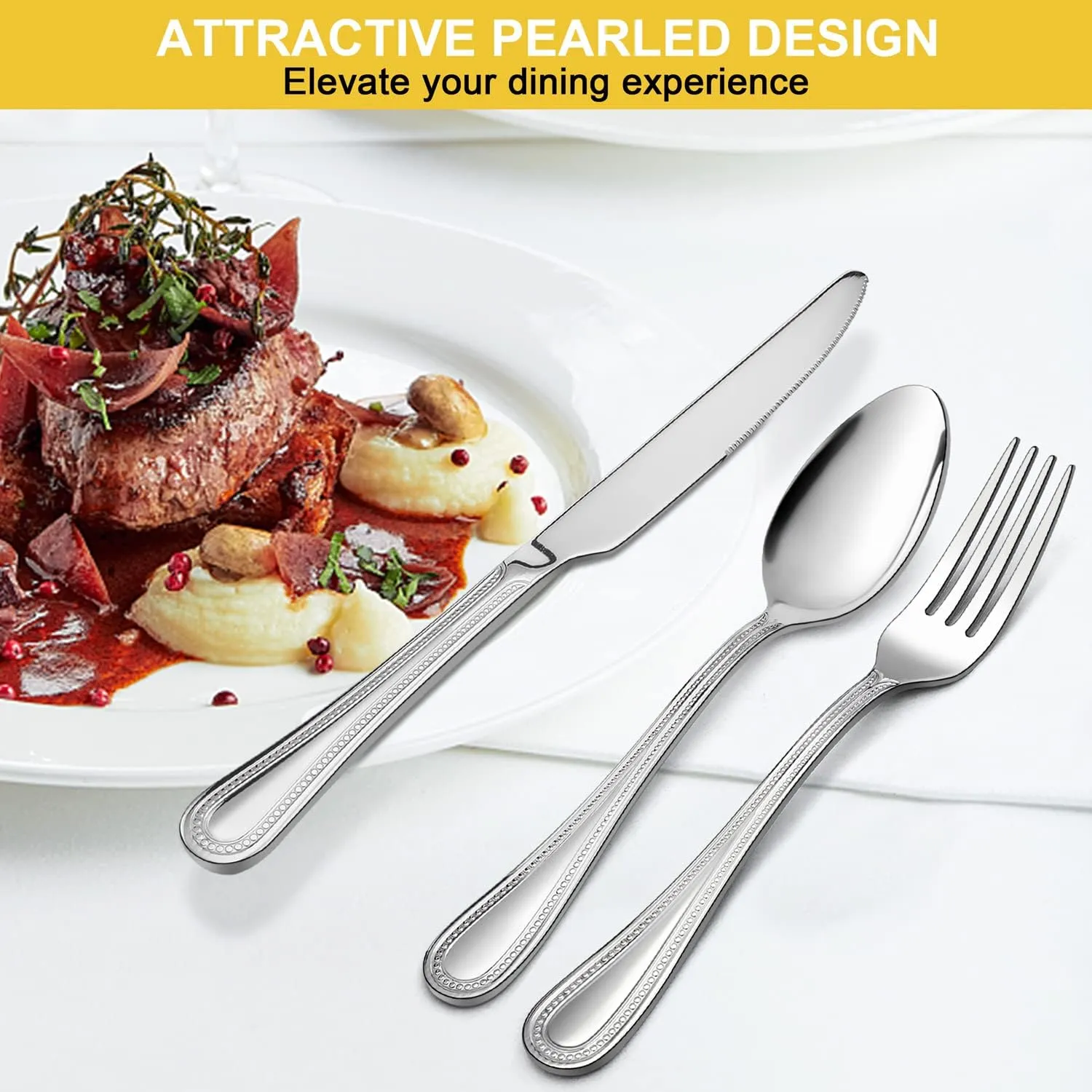 40-Piece Silverware Set for 8, E-far Stainless Steel Flatware Cutlery Set with Pearled Edge, Include Forks Spoons and Knives, Modern Tableware Eating Utensils for Kitchen Restaurant, Dishwasher Safe