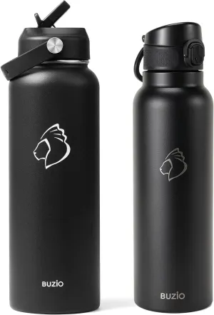 40oz Insulated Water Bottle, Triple Wall Vacuum Stainless Steel Water Flask with 2 lids/BUZIO Water Flask with Straw Lid and handle