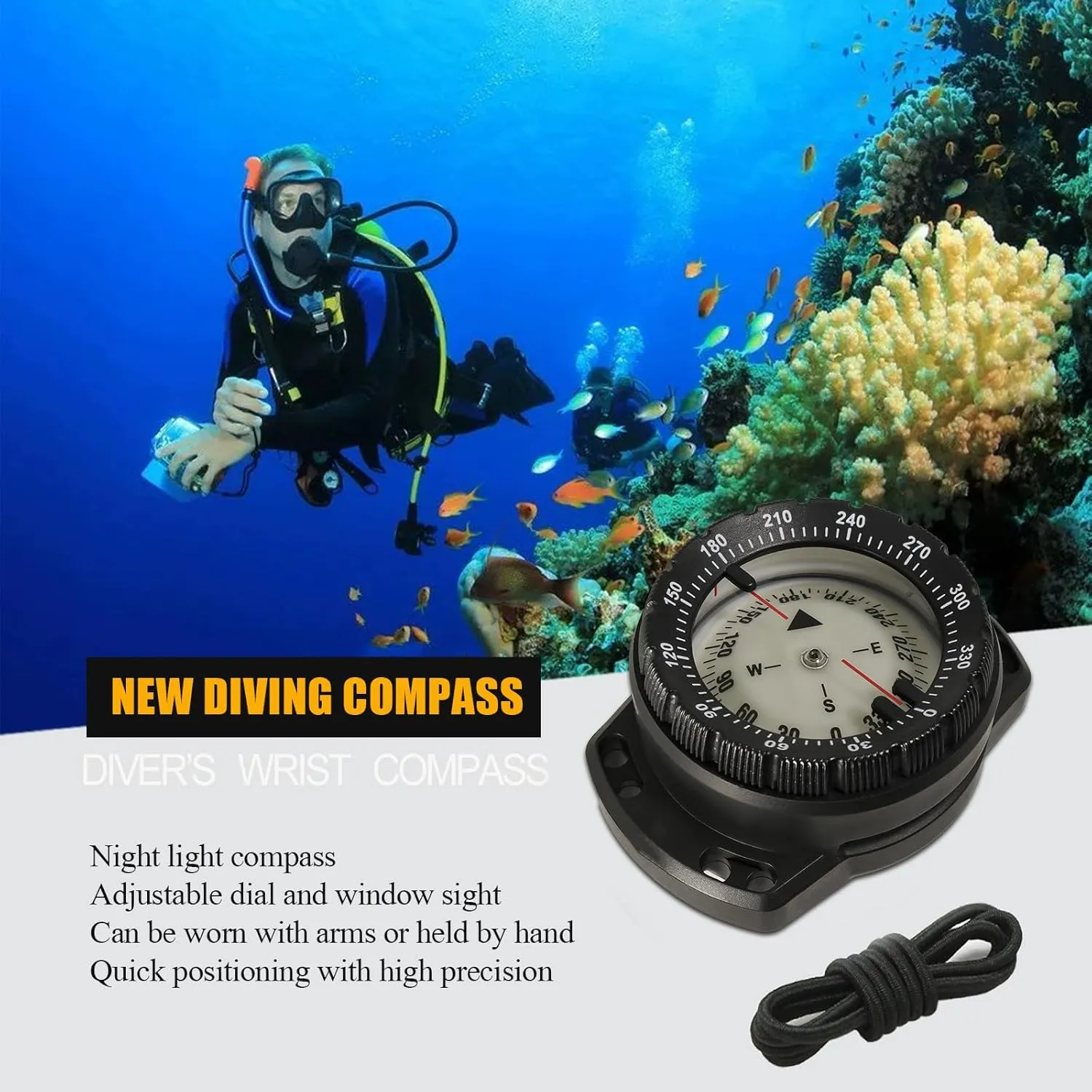 50M Scuba Dive Compass Portable Underwater Diving Navigation Wrist Noctilucent Compass with Elastic Cord for Underwater Diving, Sailing, Camping, Hiking