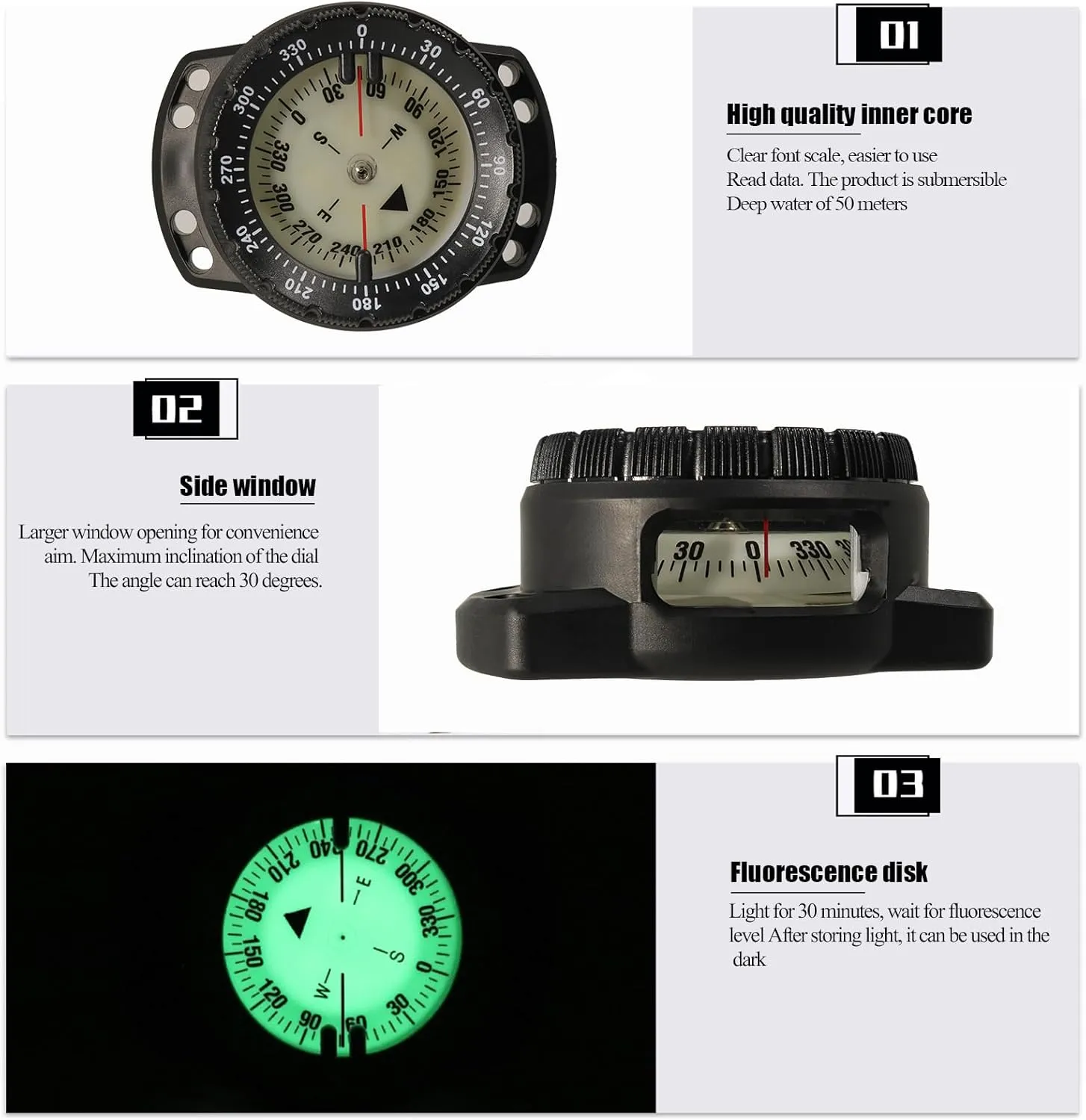 50M Scuba Dive Compass Portable Underwater Diving Navigation Wrist Noctilucent Compass with Elastic Cord for Underwater Diving, Sailing, Camping, Hiking