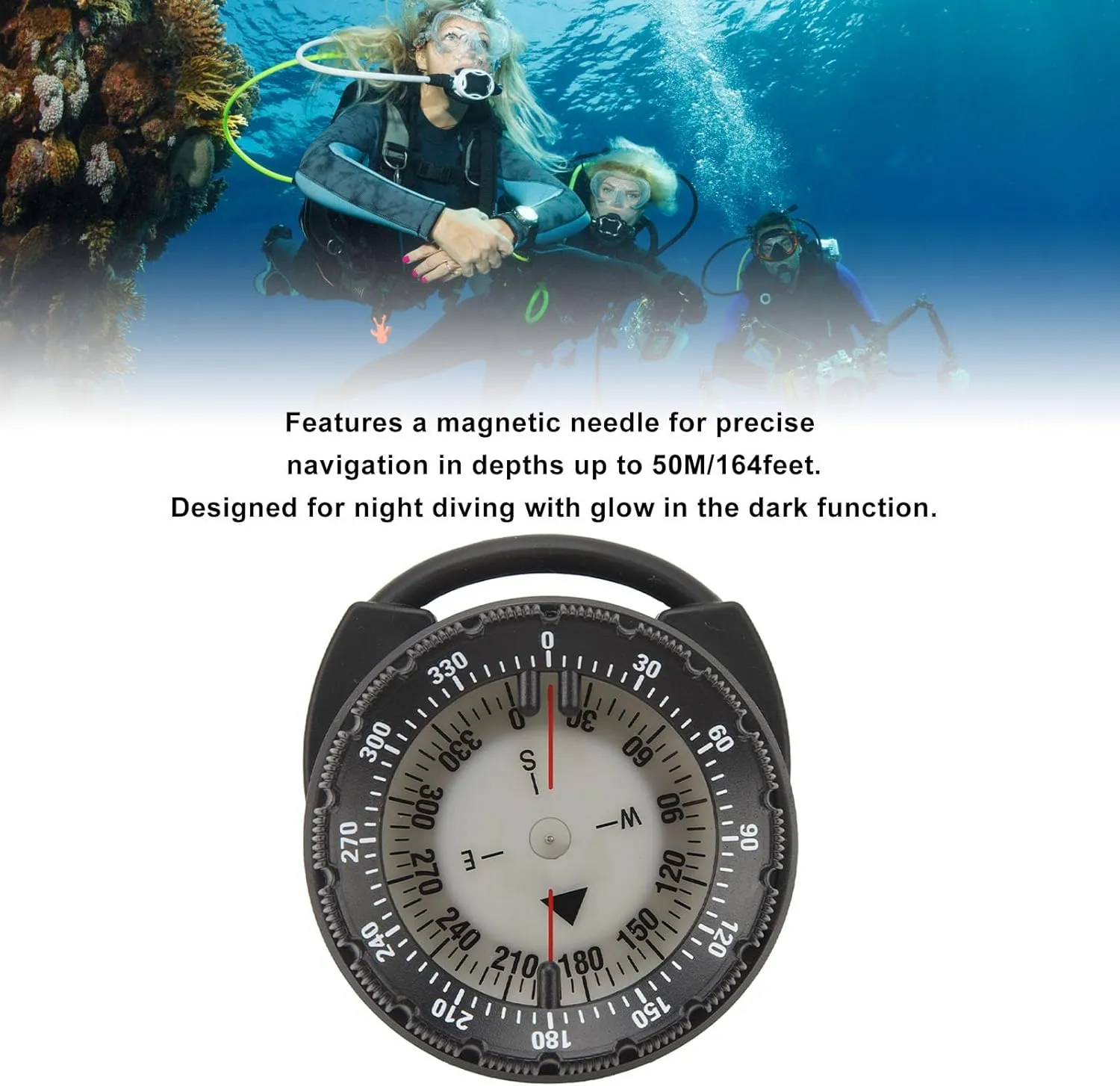 50M Underwater Diving Compass, Small Dive Compass Luminous Magnetic Pipe Clamp Diving Compass Suitable for Discerning Direction While Diving