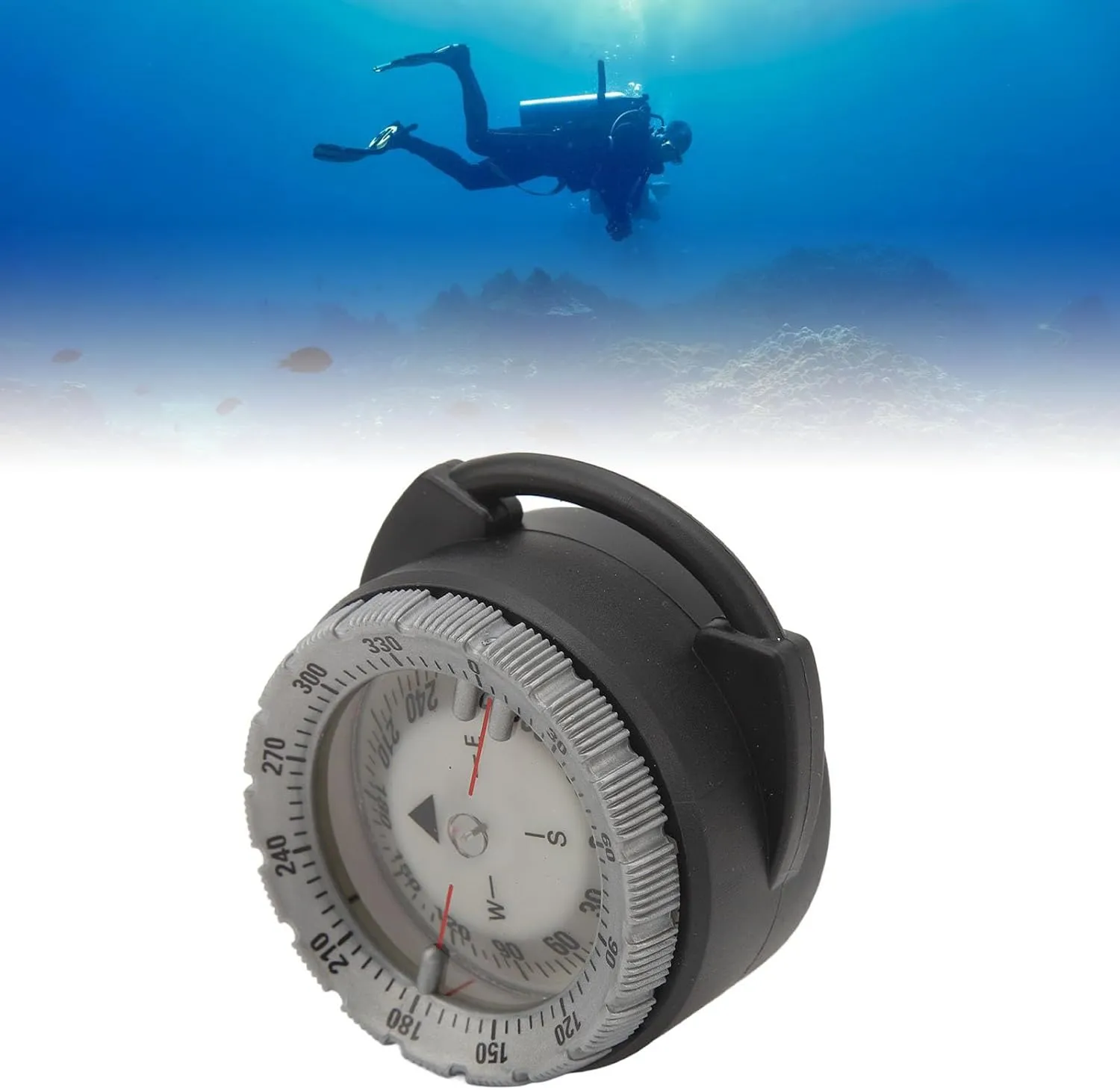 50M Waterproof Luminous Magnetic Diving Compass with Pipe Clamp, Underwater Navigation Tool for Scuba Diving Water Sports, ABS Sturdy Material, Side Window for Clear View