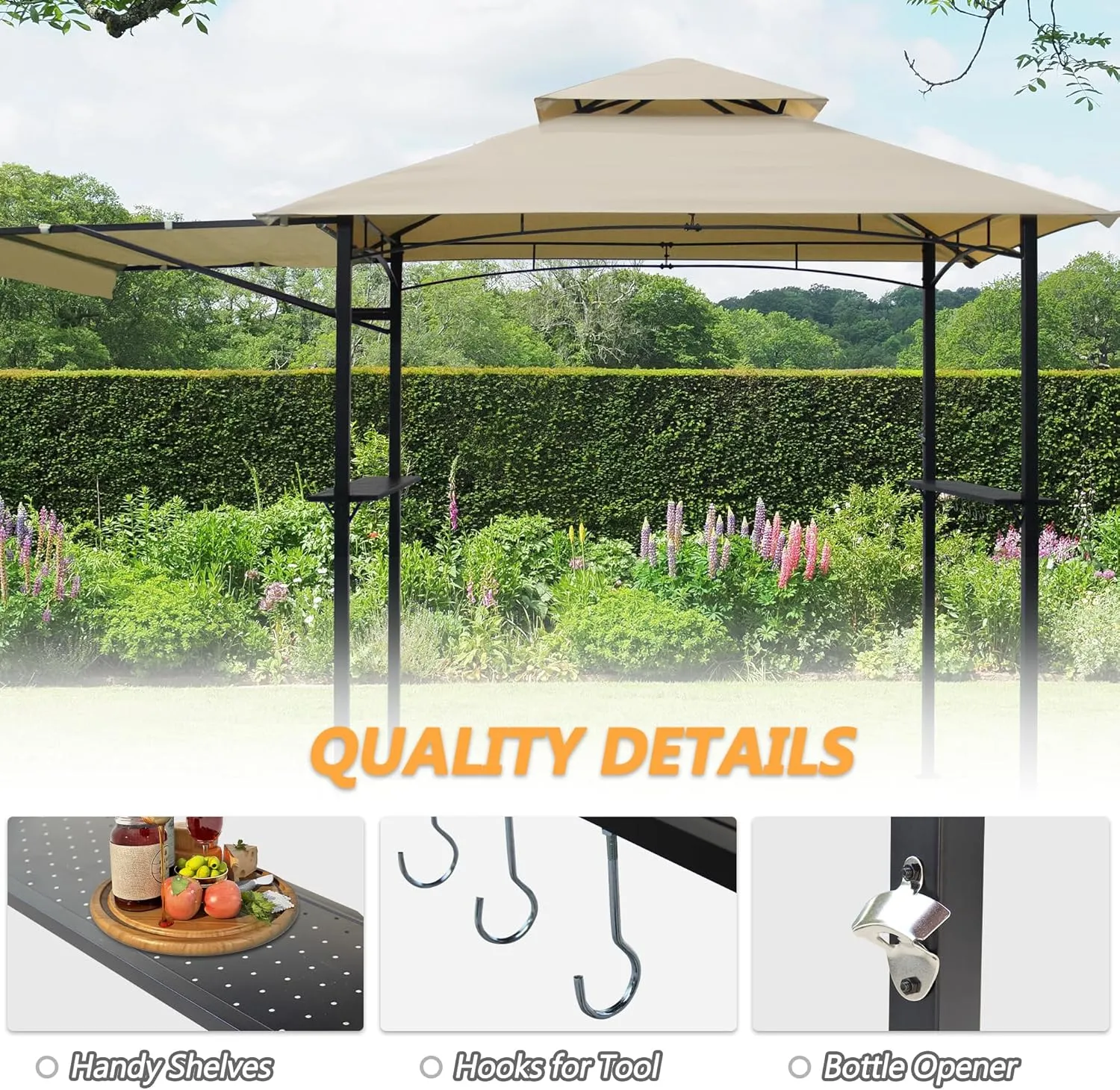 5'x 11' Grill Gazebo Canopy, Outdoor BBQ Gazebo with Extra Awning &Led Light, Barbeque Gazebos Shelter for Patio(Khaki)
