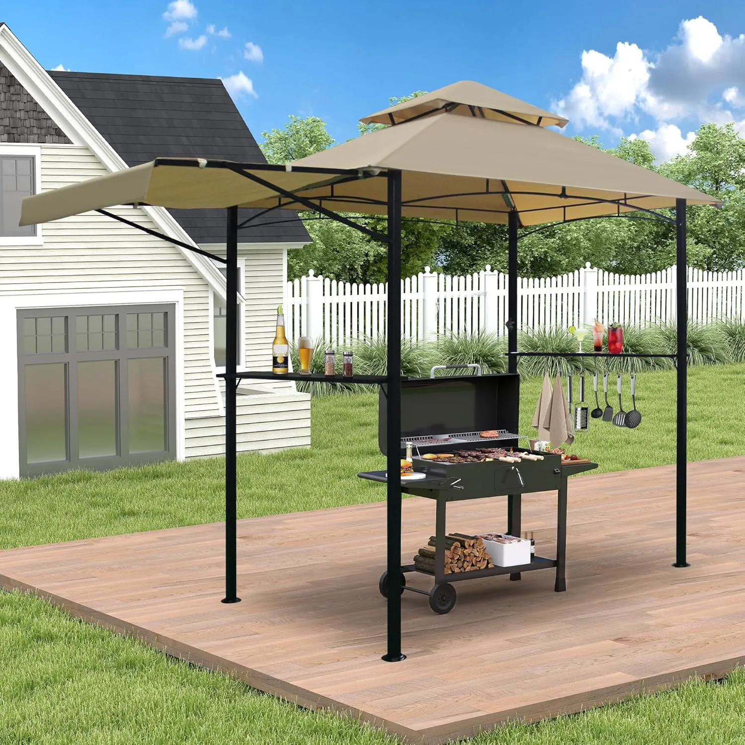 5'x 11' Grill Gazebo Canopy, Outdoor BBQ Gazebo with Extra Awning &Led Light, Barbeque Gazebos Shelter for Patio(Khaki)