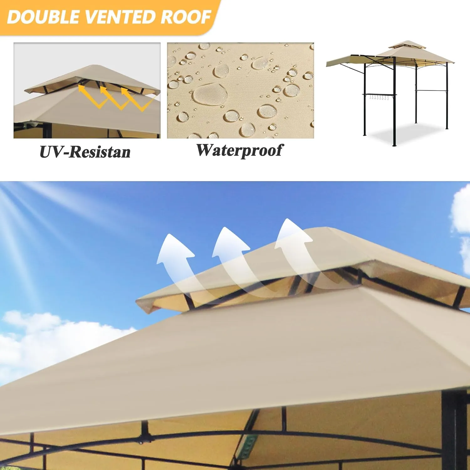 5'x 11' Grill Gazebo Canopy, Outdoor BBQ Gazebo with Extra Awning &Led Light, Barbeque Gazebos Shelter for Patio(Khaki)