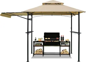 5'x 11' Grill Gazebo Canopy, Outdoor BBQ Gazebo with Extra Awning &Led Light, Barbeque Gazebos Shelter for Patio(Khaki)