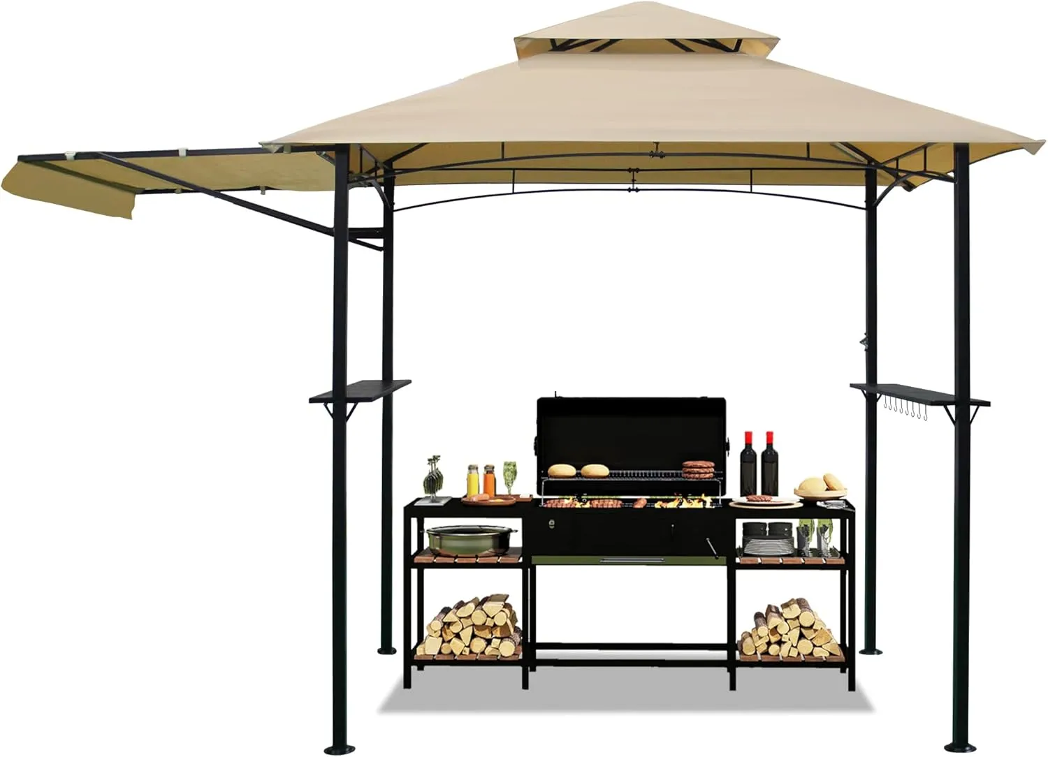 5'x 11' Grill Gazebo Canopy, Outdoor BBQ Gazebo with Extra Awning &Led Light, Barbeque Gazebos Shelter for Patio(Khaki)
