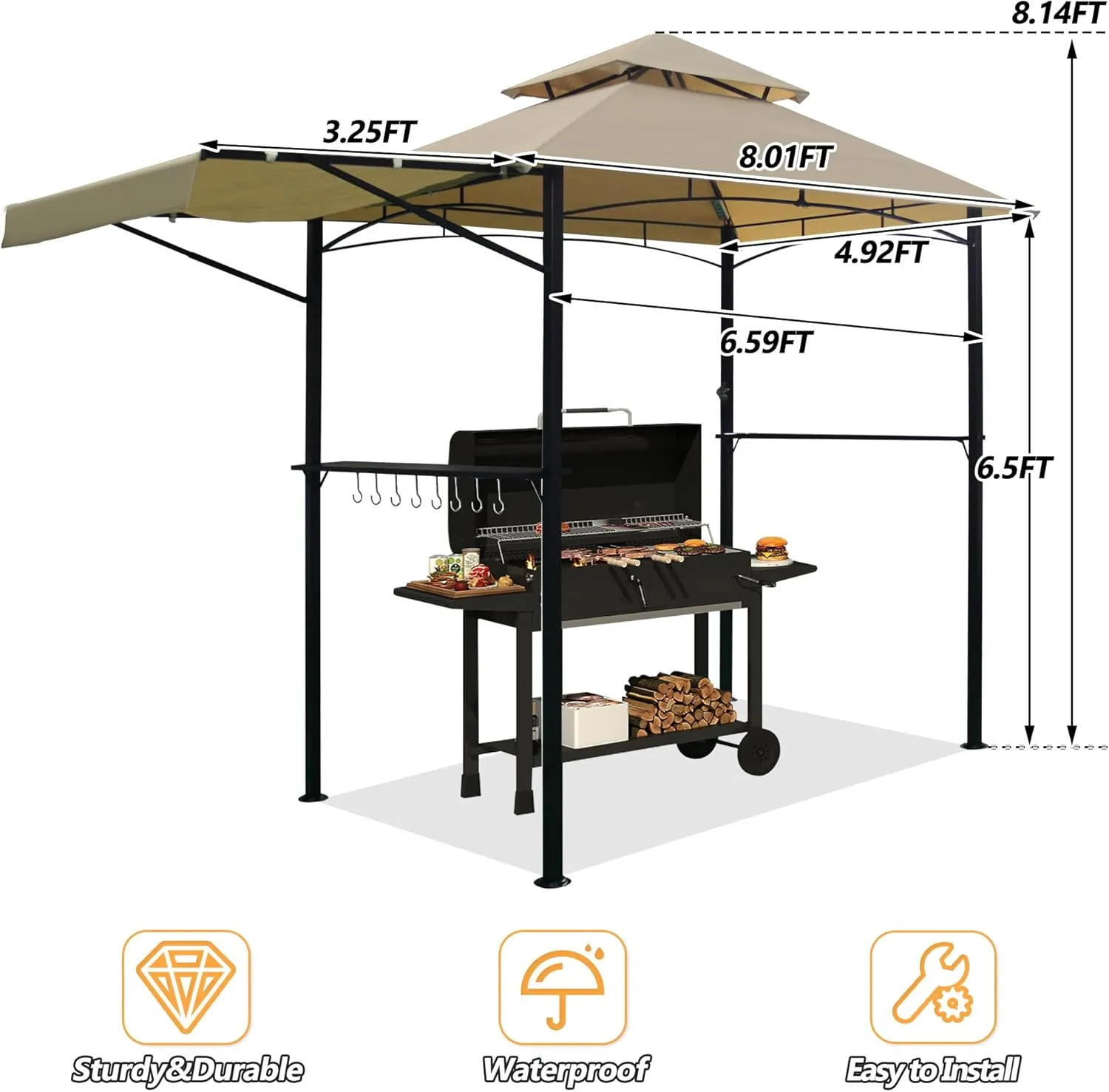 5'x 11' Grill Gazebo Canopy, Outdoor BBQ Gazebo with Extra Awning &Led Light, Barbeque Gazebos Shelter for Patio(Khaki)