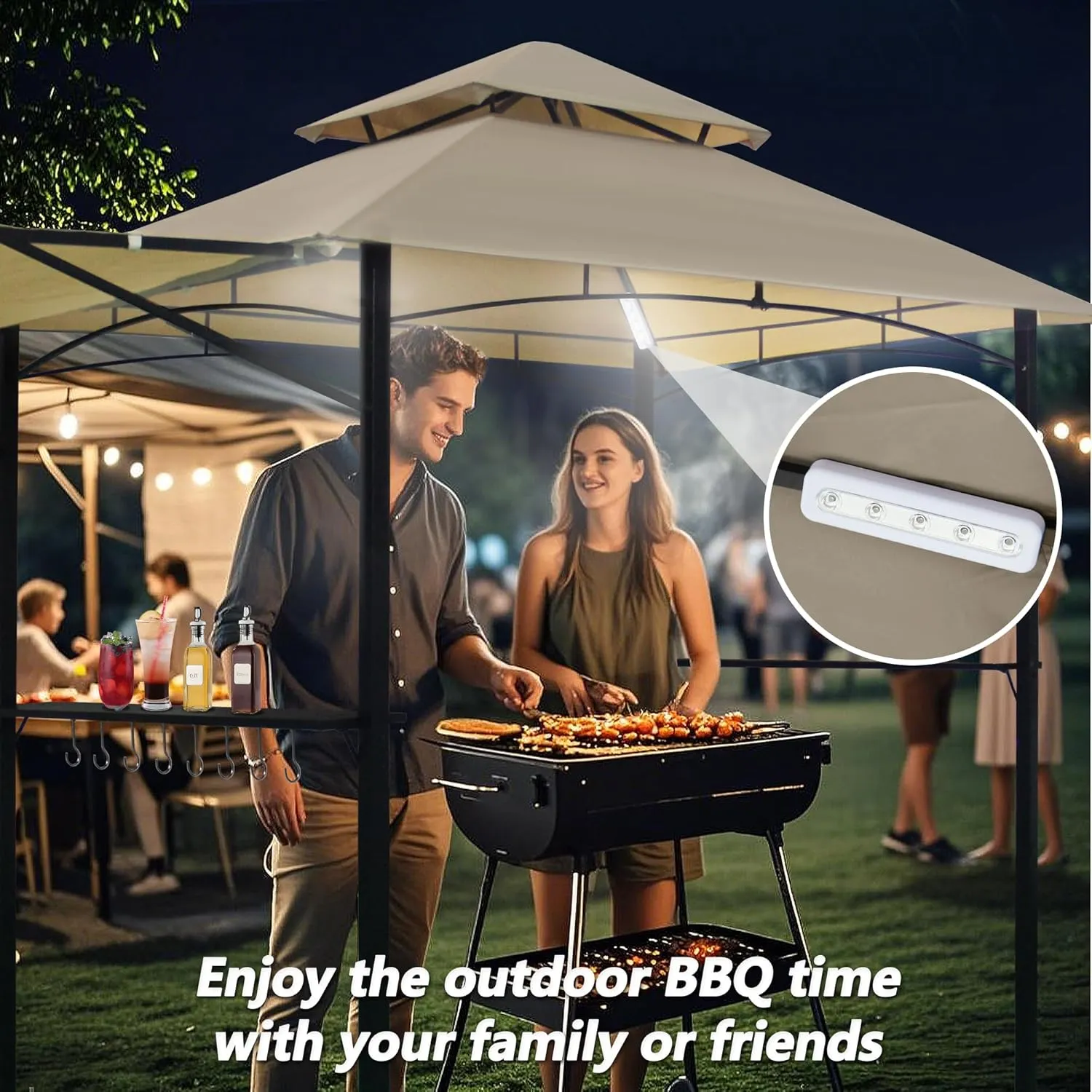 5'x 11' Grill Gazebo Canopy, Outdoor BBQ Gazebo with Extra Awning &Led Light, Barbeque Gazebos Shelter for Patio(Khaki)