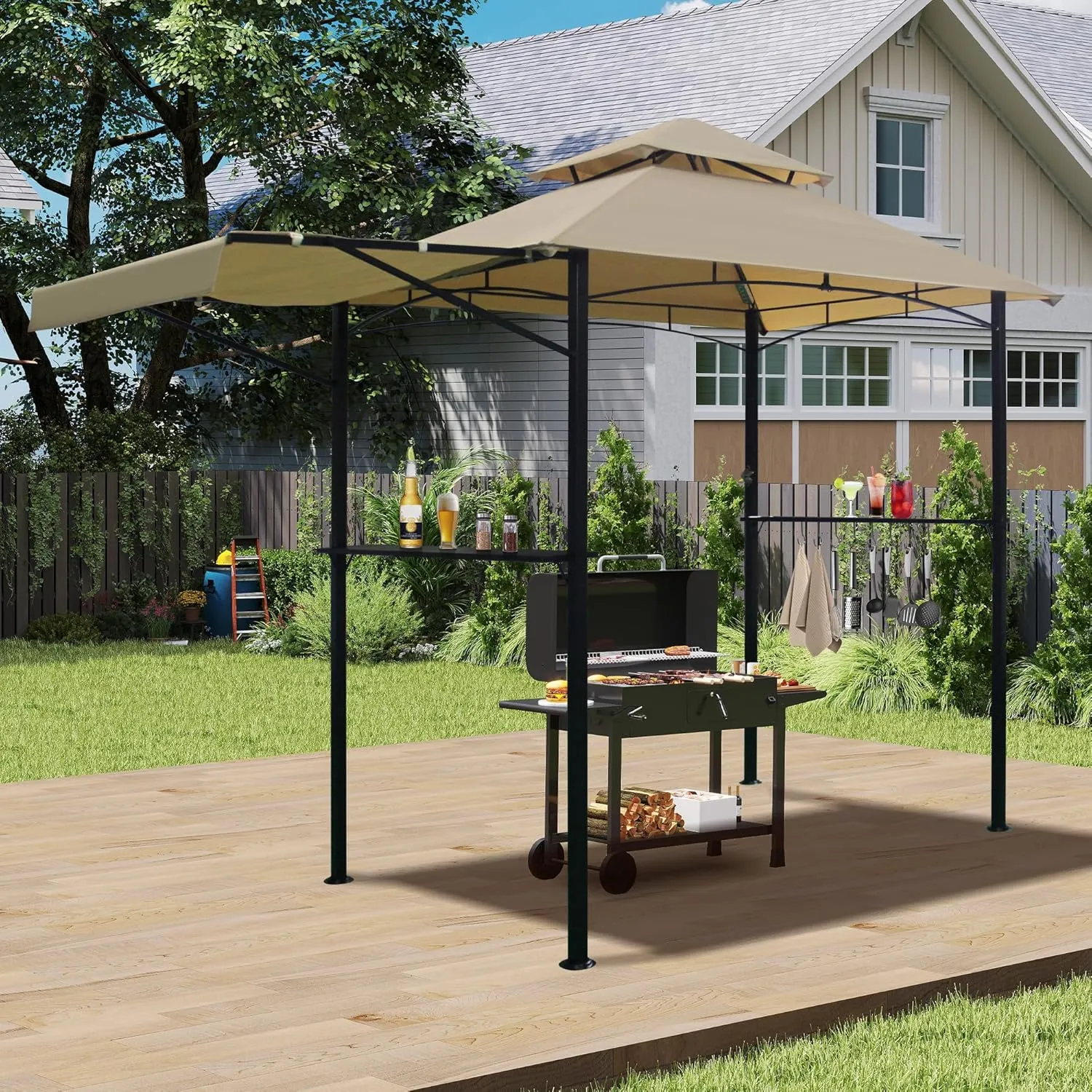 5'x 11' Grill Gazebo Canopy, Outdoor BBQ Gazebo with Extra Awning &Led Light, Barbeque Gazebos Shelter for Patio(Khaki)