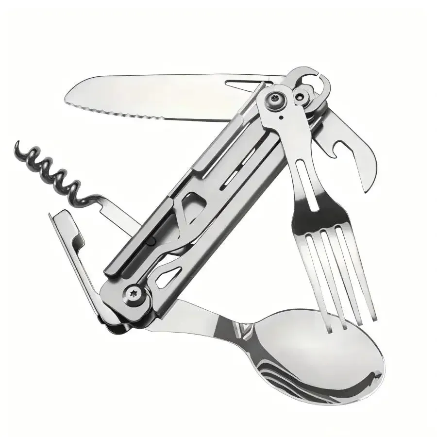 6-in-1 Detachable Camping Utensil Set - Compact Travel Cutlery with Spoon, Fork, Knife & Bottle Opener
