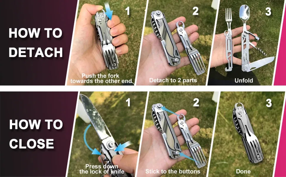 6-in-1 Detachable Camping Utensil Set - Compact Travel Cutlery with Spoon, Fork, Knife & Bottle Opener