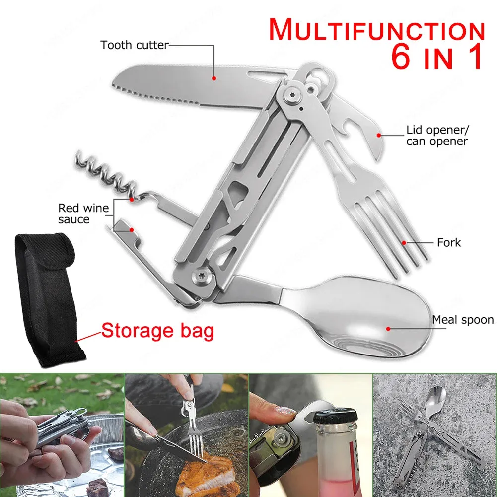 6 in 1 Foldable Tableware Knife Spoon Fork Portable Multifunctional Camping Knife Fork Spoon Combination Tableware Outdoor BBQ