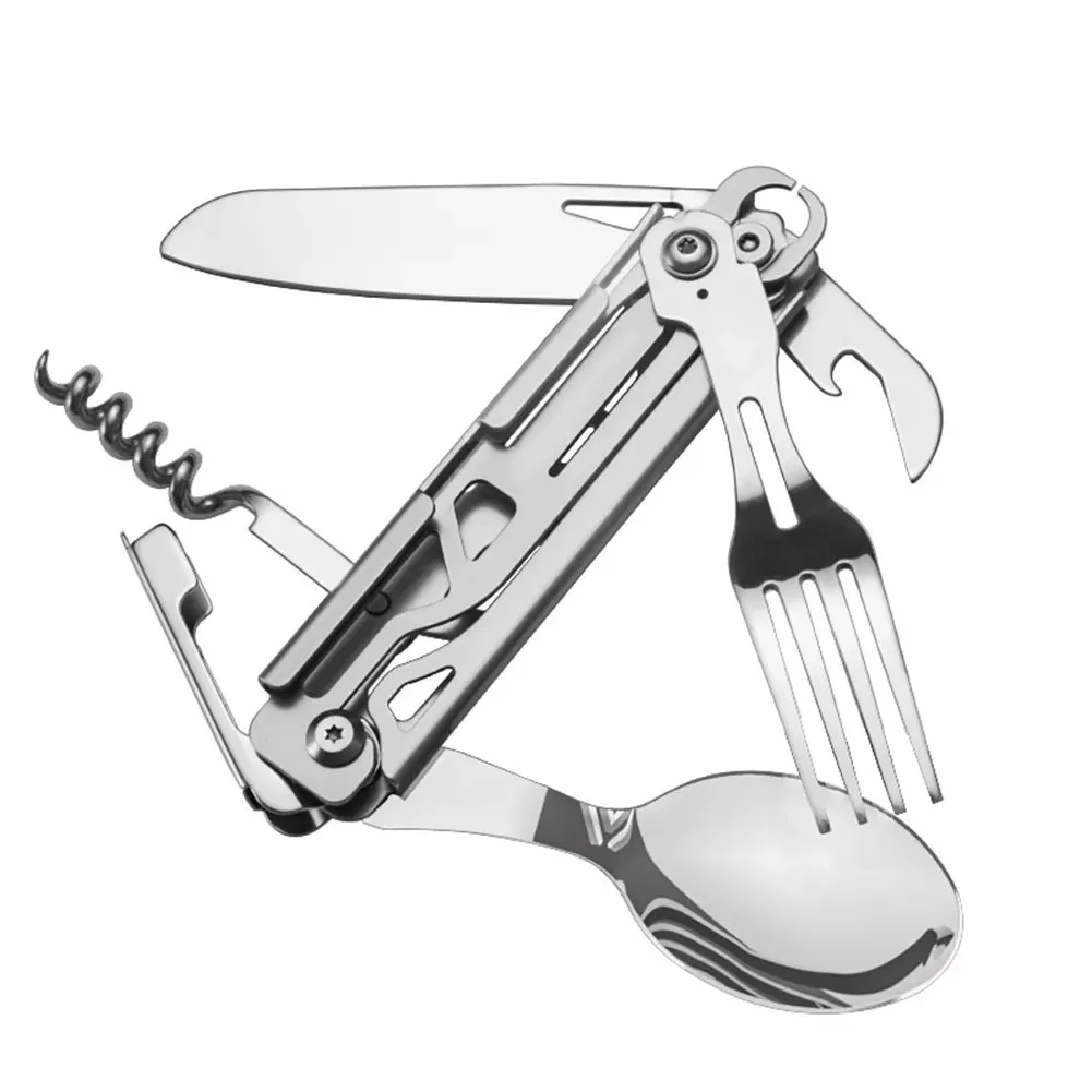 6 in 1 Foldable Tableware Knife Spoon Fork Portable Multifunctional Camping Knife Fork Spoon Combination Tableware Outdoor BBQ