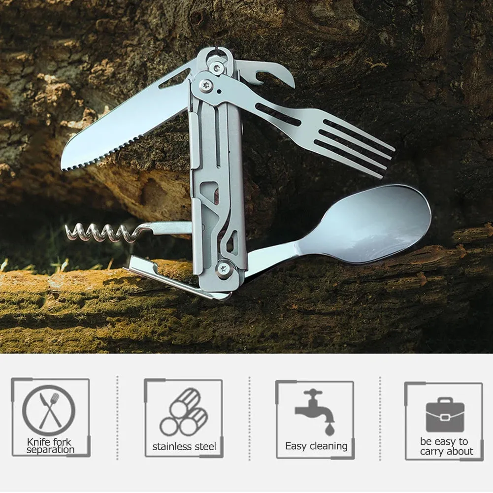 6 in 1 Foldable Tableware Knife Spoon Fork Portable Multifunctional Camping Knife Fork Spoon Combination Tableware Outdoor BBQ