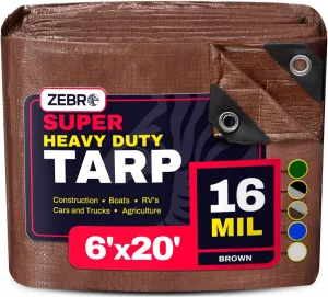 6' x 20' Brown Heavy Duty Tarp with Grommets Reinforced - 16 Mil Thick - Double Sided Plastic Tarps Waterproof - Large Tarpaulin Cover for Outdoor Camping Over/Under Tent Tarp RV Roof Rain - Zebro