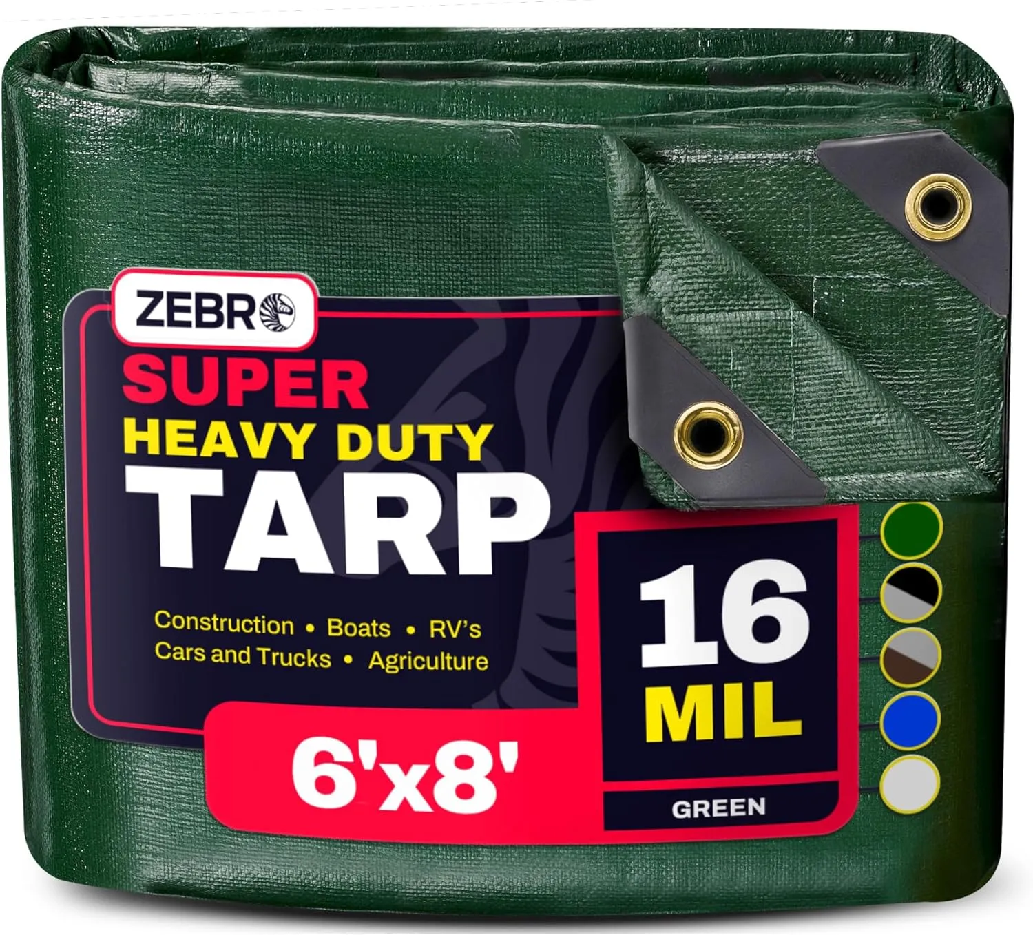 6' x 8' Green Heavy Duty Tarp with Grommets Reinforced - 16 Mil Thick - Double Sided Plastic Tarps Waterproof - Large Tarpaulin Cover for Outdoor Camping Over/Under Tent Tarp RV Roof Rain - Zebro