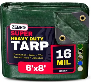 6' x 8' Green Heavy Duty Tarp with Grommets Reinforced - 16 Mil Thick - Double Sided Plastic Tarps Waterproof - Large Tarpaulin Cover for Outdoor Camping Over/Under Tent Tarp RV Roof Rain - Zebro