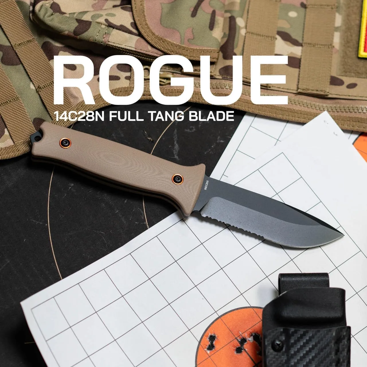 704 Gear Rogue Fixed Blade Knife | Serrated 4.5 inch 14C28N Steel Full Tang Blade, Textured G10 Handle, and Kydex Sheath with Carrying Clip | Flat Dark Earth