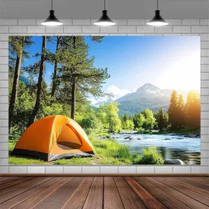 7x5FT Camping Backdrop, Outdoor Camping Tent Green Forest Pine Trees Lake Scenery Background, Spring Summer Camp Picnic Camper Party Decorations Photo Booth Studio Props