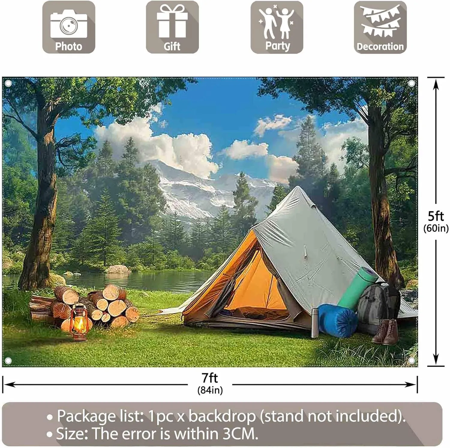 7x5ft Fabric Camping Backdrop Wild Forest Natural Scenery Tent Mountain Lake Photography Background Outdoor Adventure Party Decorations Photo Banner Props
