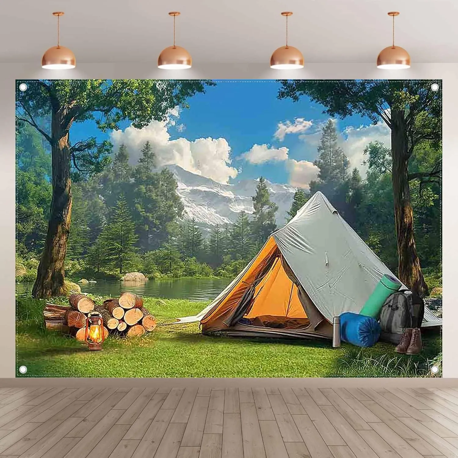 7x5ft Fabric Camping Backdrop Wild Forest Natural Scenery Tent Mountain Lake Photography Background Outdoor Adventure Party Decorations Photo Banner Props