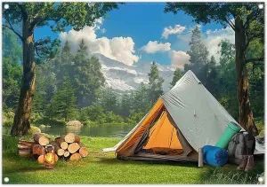 7x5ft Fabric Camping Backdrop Wild Forest Natural Scenery Tent Mountain Lake Photography Background Outdoor Adventure Party Decorations Photo Banner Props