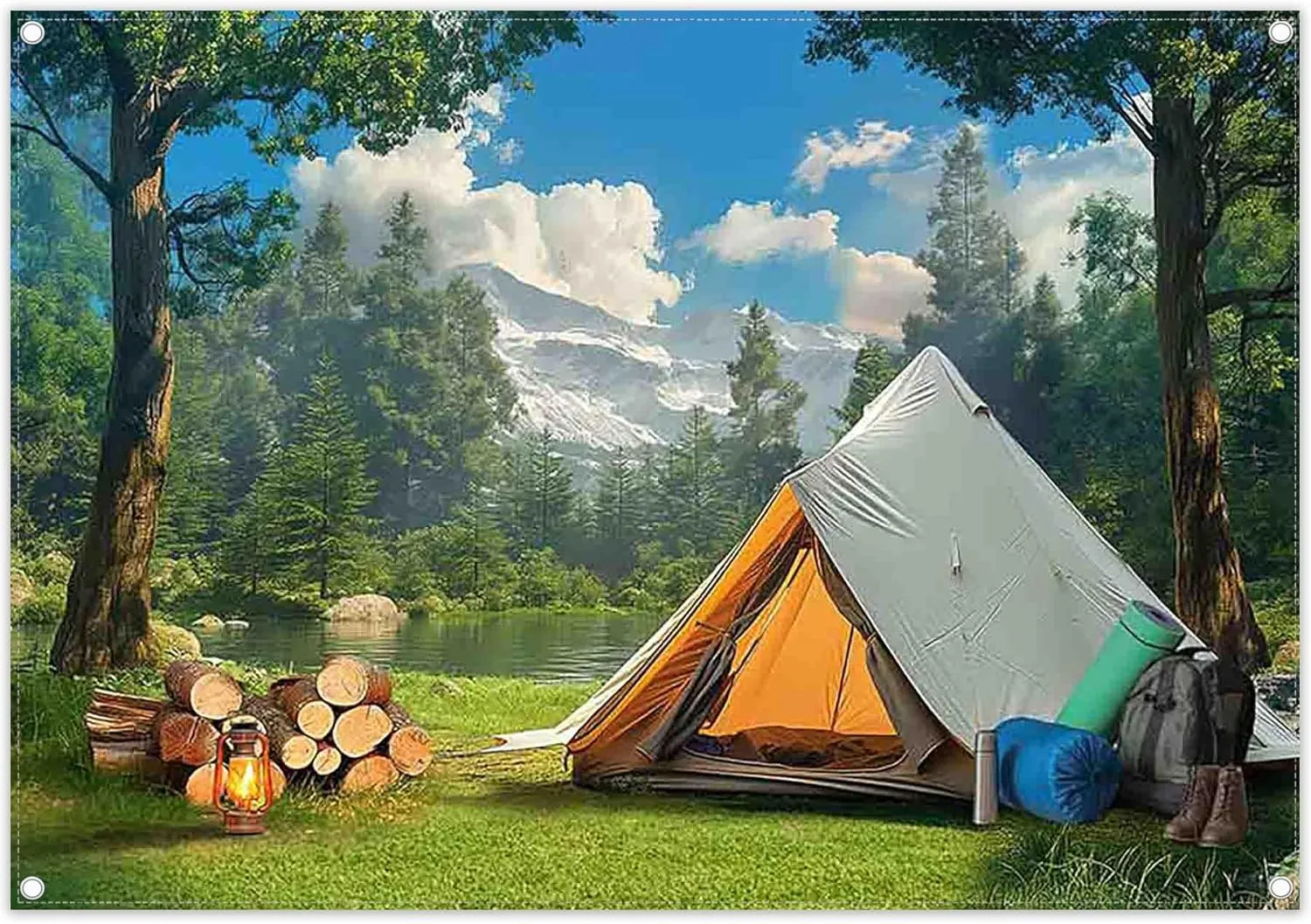 7x5ft Fabric Camping Backdrop Wild Forest Natural Scenery Tent Mountain Lake Photography Background Outdoor Adventure Party Decorations Photo Banner Props