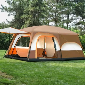 8-12 Person Large Tent Double Layer Camping Tent,2 Bedroom 1 Living Room 1 Hall, Festival Essential Family Tent Waterproof Sun Shade,Large Mesh Windows (Color : Brown)