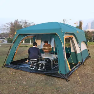 8-12 Person Large Tent Double Layer Camping Tent,2 Bedroom 1 Living Room 1 Hall, Festival Essential Family Tent Waterproof Sun Shade,Large Mesh Windows (Color : Green)